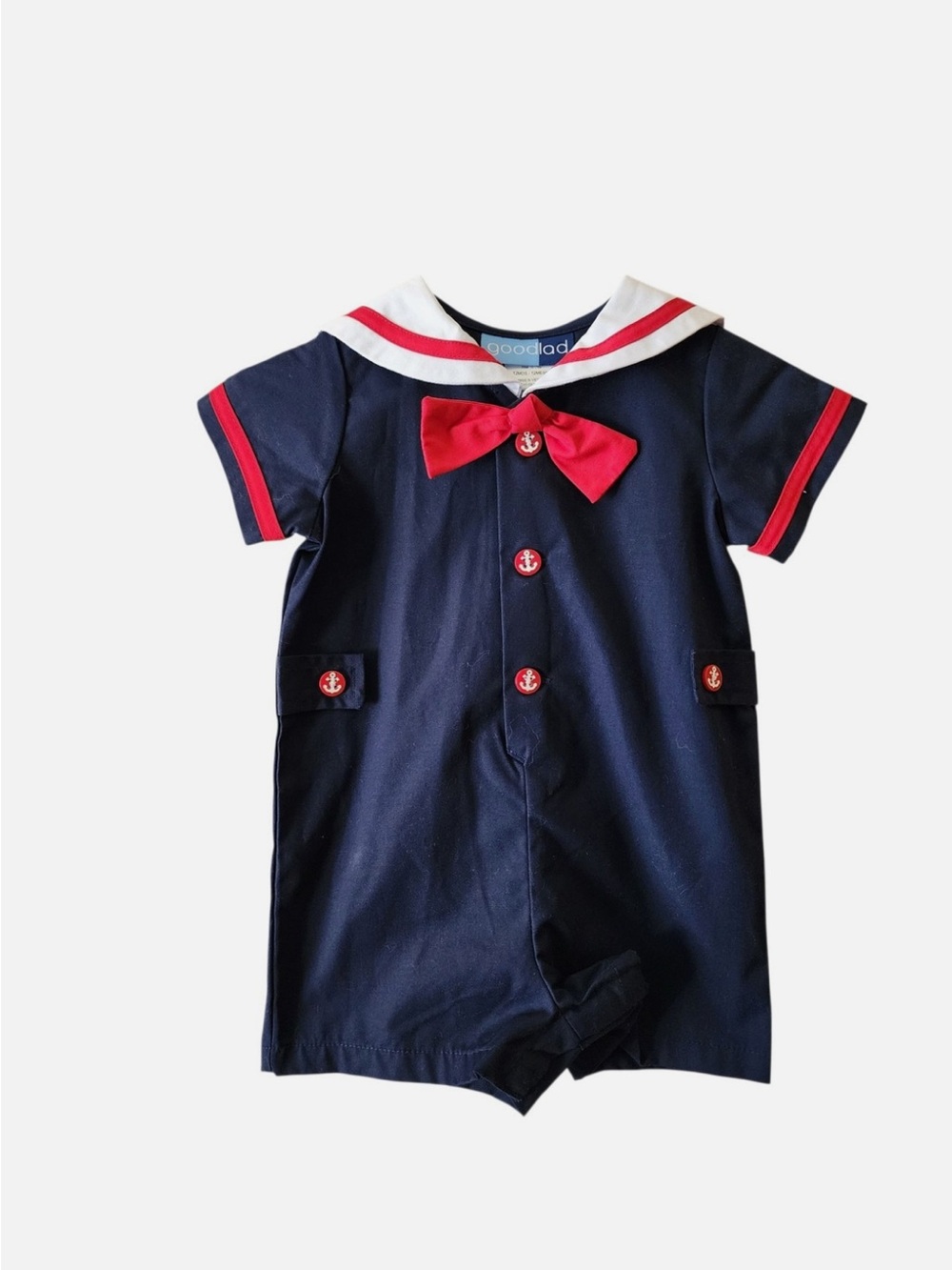 NWOT Vintage Goodlad Baby boy Navy Sailor Romper with Red Trim and Bow